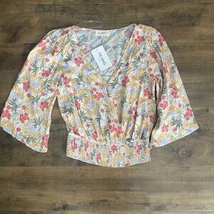 The Nines Floral Wrap Blouse Smocked Waist Boho Top Size S NWT